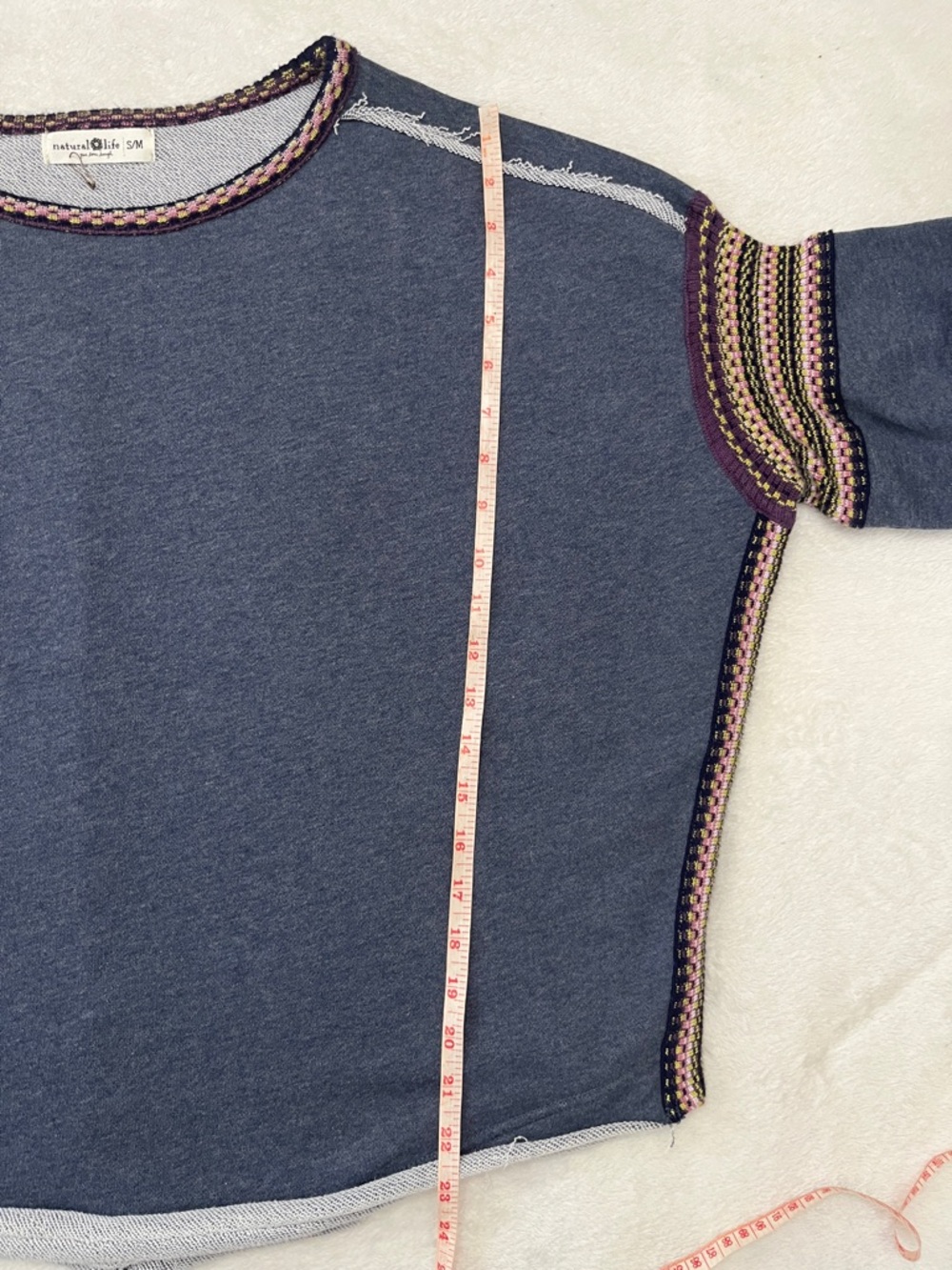 Natural Life Boho Oversized Knit Trim Sweatshirt Blue S/M Raw Hem - Picture 8 of 13